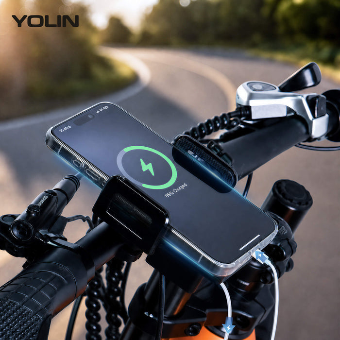 Close-up of USB charging port on Yolin YL-03U e-bike phone mount for wired smartphone charging