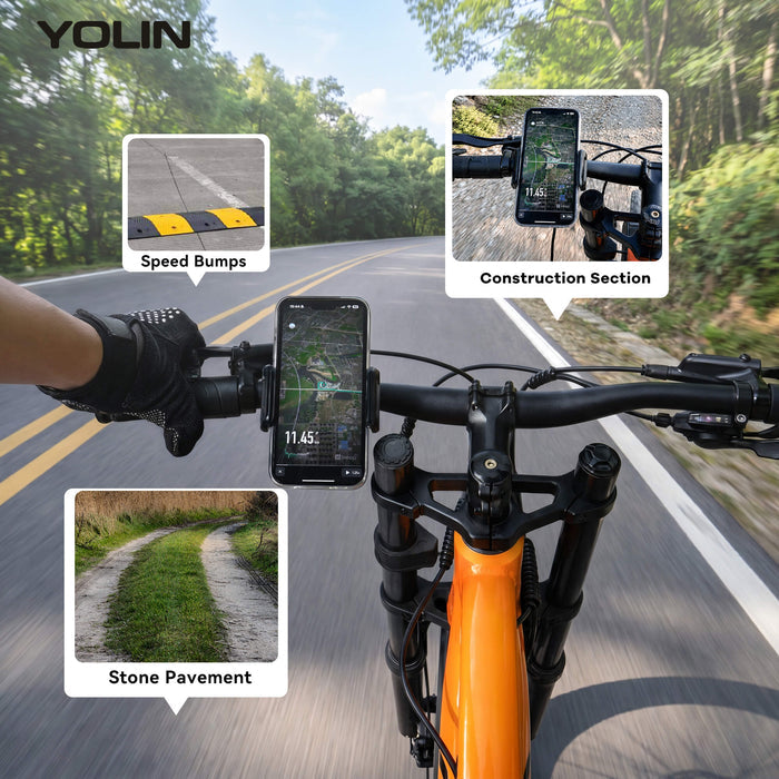 Rider using Yolin YL-03U e-bike phone mount with USB charging for navigation on long ride in North America