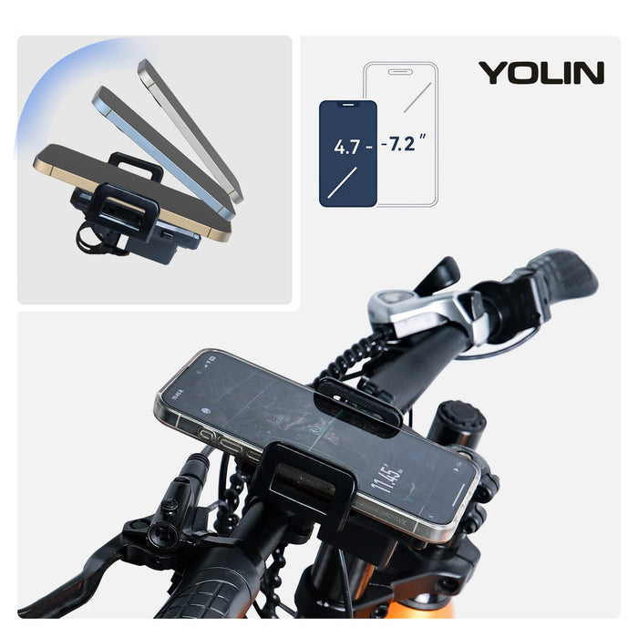 Yolin YL-03U phone mount installed on e-bike handlebar with USB charging cable connected