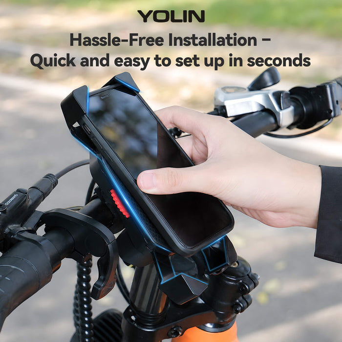 Yolin YL-06U phone mount installed on e-bike handlebar with USB charging cable connected