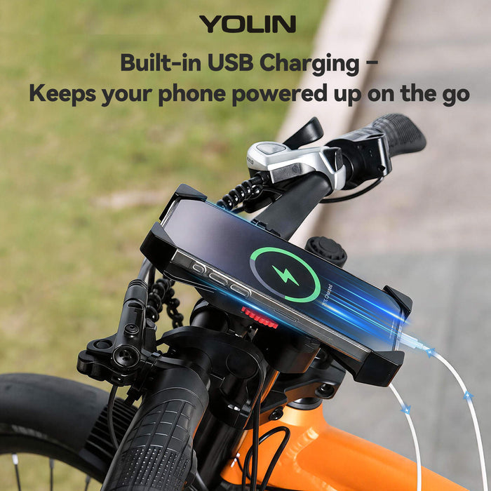 Close-up of USB charging port on Yolin YL-06U e-bike phone mount for wired smartphone charging
