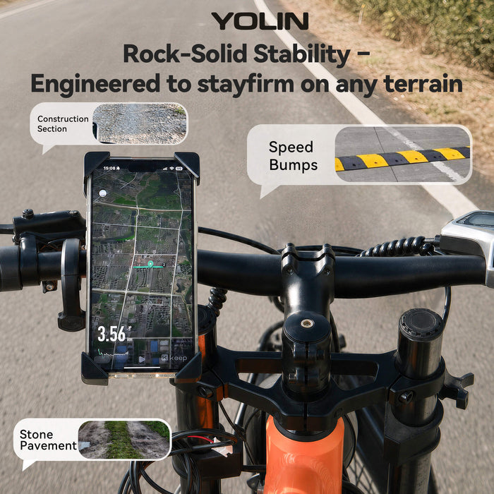 Rider using Yolin YL-06U e-bike phone mount with USB charging for navigation on long ride in North America