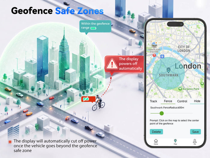 YL-81F-HD smart geofencing showing a protected operating area for an e-bike